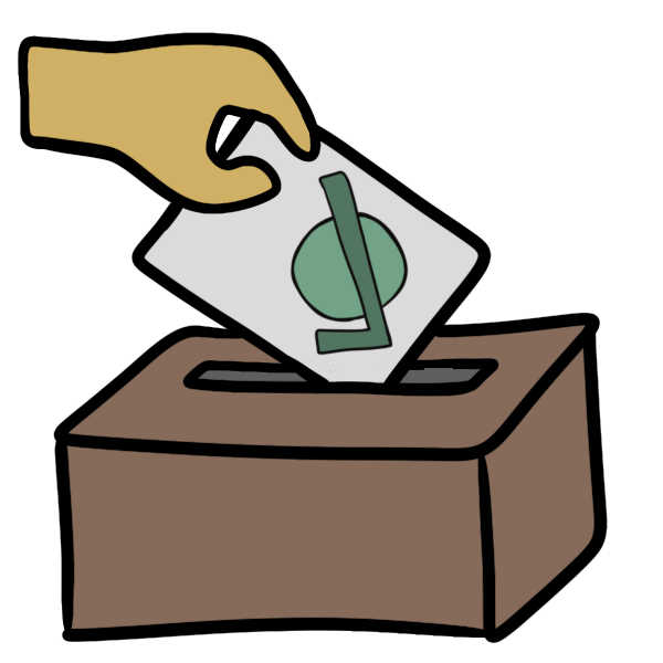 a yellow hand placing a white rectangle with a green circle and check mark on it into a slotted brown box